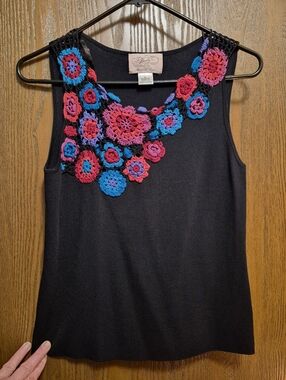 New Black Tank with Crocheted Floral Appliqué in Pink, Purple & Blue Size S